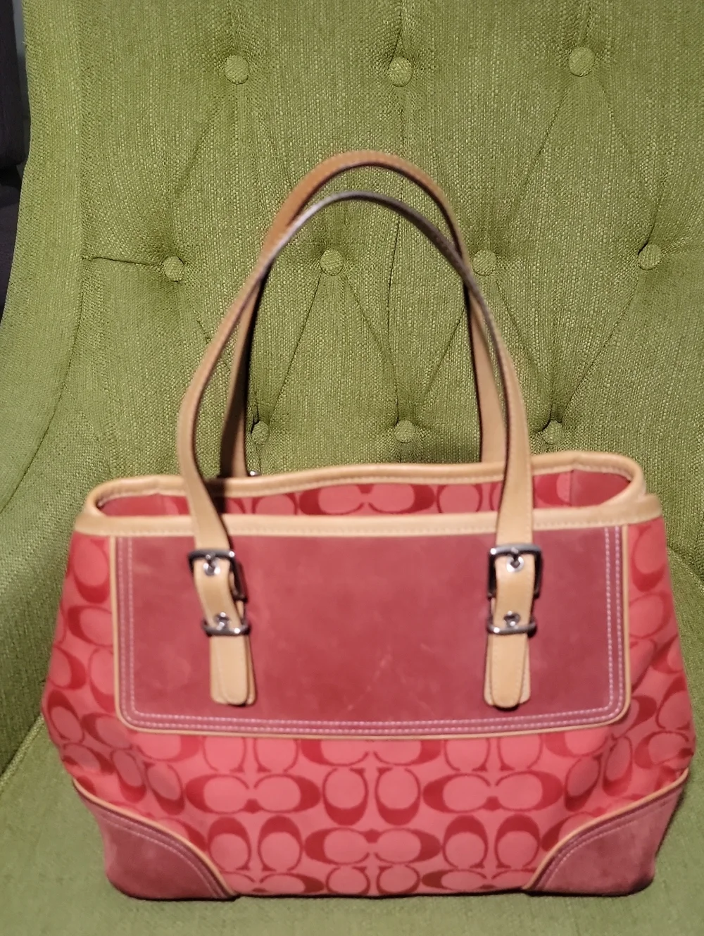 Coach Pink Signature Canvas Shoulder Tote with Beige Leather Trim